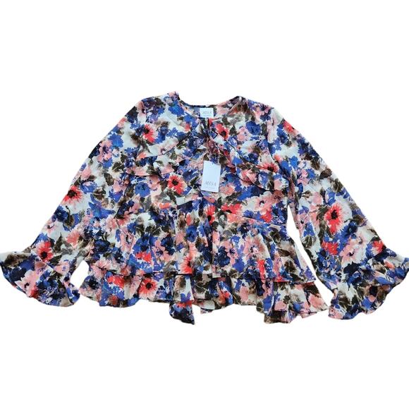 MISA Los Angeles Damaris floral ruffle blue blouse size small - Picture 2 of 5